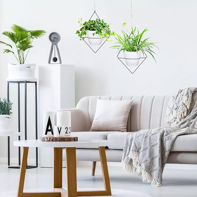 Koalaime Hanging Planters for Indoor Plants, 2 Set Self Watering Hanging Flower Pots, Modern Hanging Plant Baskets with Metal Plant Holder & 6.5 Inch Plastic Pots for Garden Home Decor (White)