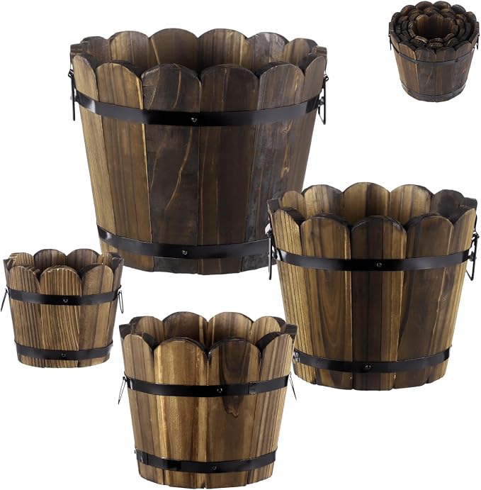 4 PCS Wooden Whiskey Barrel Planters, Wavy Edge Rustic Bucket Flower Pots with Metal Handles, Round Garden Accessory for Succulents Flowers Veggies, Outdoor Indoor Home Porch Yard Container