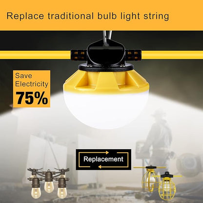 50FT LED Construction String Light, 50W 6000Lm,18AWG Wire,5000K Linkable String Work Lights with 5 Bulbs & Hooks, Industrial Temporary Lighting for Construction Site, Crawl Space,Job Site,Attic