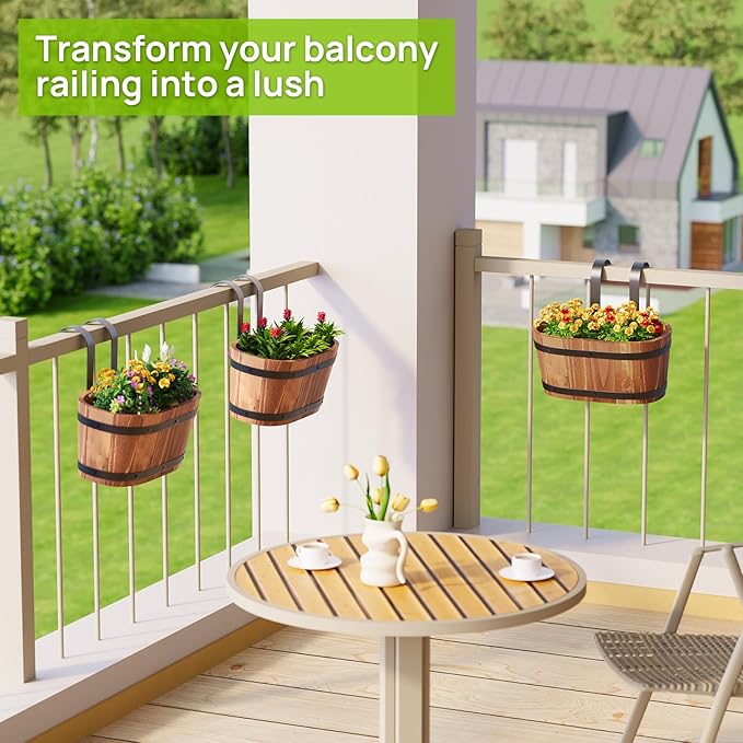 2PACK Cute Railing Planter Boxes Wood Hanging Flower Pots for Railing Fence Outdoor Balcony Planters for Wall Window Flower Box Hanging Bucket Pots Countryside plant Holder (Brown,2pcs,Small)