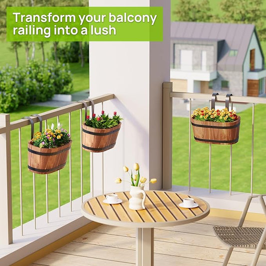2PACK Cute Railing Planter Boxes Wood Hanging Flower Pots for Railing Fence Outdoor Balcony Planters for Wall Window Flower Box Hanging Bucket Pots Countryside plant Holder (Brown,2pcs,Small)
