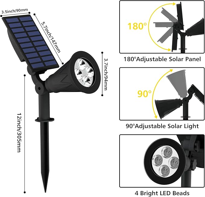T-SUN Solar Spotlights Outdoor, IP65 Waterproof Dusk to Dawn Solar Lights, Adjustable Solar Lights for Tree, Patio, Yard, Garden, Driveway, Pool Area (Natural White-2Pack)