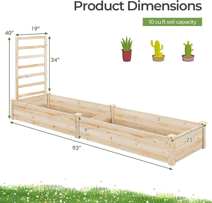 COSTWAY Raised Garden Bed with Trellis, Outdoor Wooden Planter Kit for Flowers, Herbs, Vegetables, Fruits & Climbing Vines, Elevated Garden Planter for Patio, 93" L x 25" W x 40" H