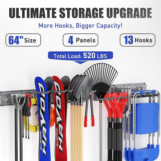 Garage Tool Organizer Wall Mount 66 inches with 13 Adjustable Heavy-Duty Hooks, Garage Organization, Garden Tool Storage Rack, Yard, and Shed, Holds Up to 520 lbs (Grey)