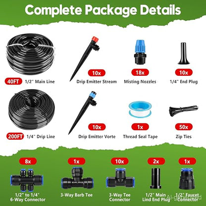 240FT Drip Irrigation System Kit Quick-Connect, Automatic Garden Watering System for Raised Garden Beds, Greenhouse, Yard, Lawn, Plant with 1/2 inch Hose 1/4 inch Distribution Tubing and Accessories