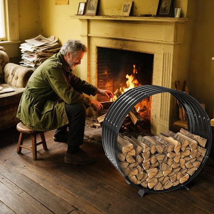Round Metal Sheet Firewood Rack Indoor by Fireplace/Outdoor Beside Fire Pit -with Metal Legs,Rustproof,Durable & Stylish Firewood Holder (Circle, 32 Inches Diameter)