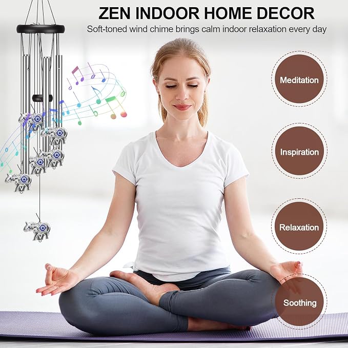 Virekm Memorial Wind Chimes, Angel Wind Chimes for Outside Clearance, Elephant Gifts for Women, Outdoor/Indoor Hanging Decorations for Patio, Porch, Garden Decor, and Backyard (Evil Eye Elephant)
