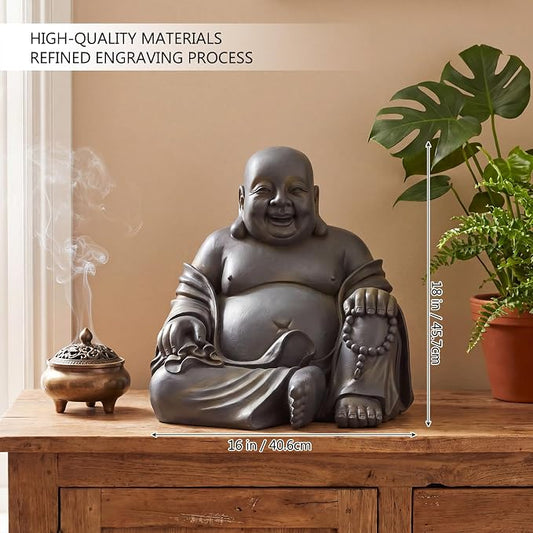 Cinnvoice 16x18 Inch Laughing Buddha Statue Outdoor Large Happy Sitting Buddha Statue Rustic Zen Monk Praying Sculptures Wealth Good Luck Feng Shui Decor for Indoor Garden Home Decoration