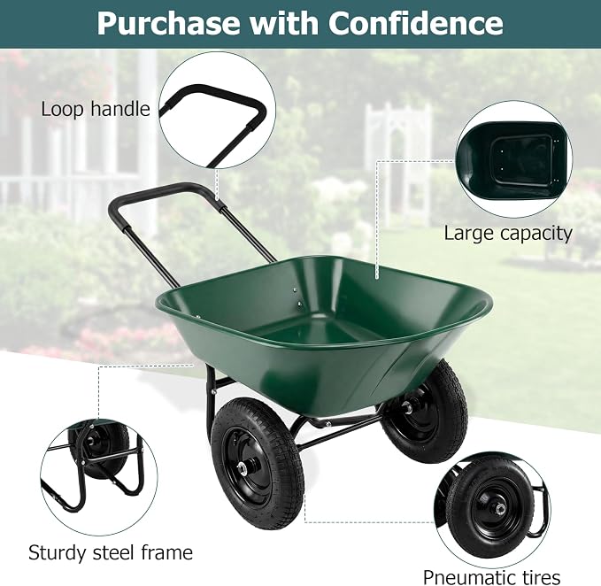 ERGOMASTER Dual-Wheel Wheelbarrow, Home Utility Garden Cart, 330 LBS Capacity, Large Heavy Duty Yard Cart for Gardening & Planting, Lawn, Farm, Construction Site, Green