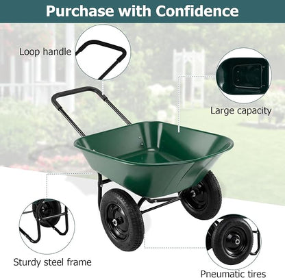 ERGOMASTER Dual-Wheel Wheelbarrow, Home Utility Garden Cart, 330 LBS Capacity, Large Heavy Duty Yard Cart for Gardening & Planting, Lawn, Farm, Construction Site, Green