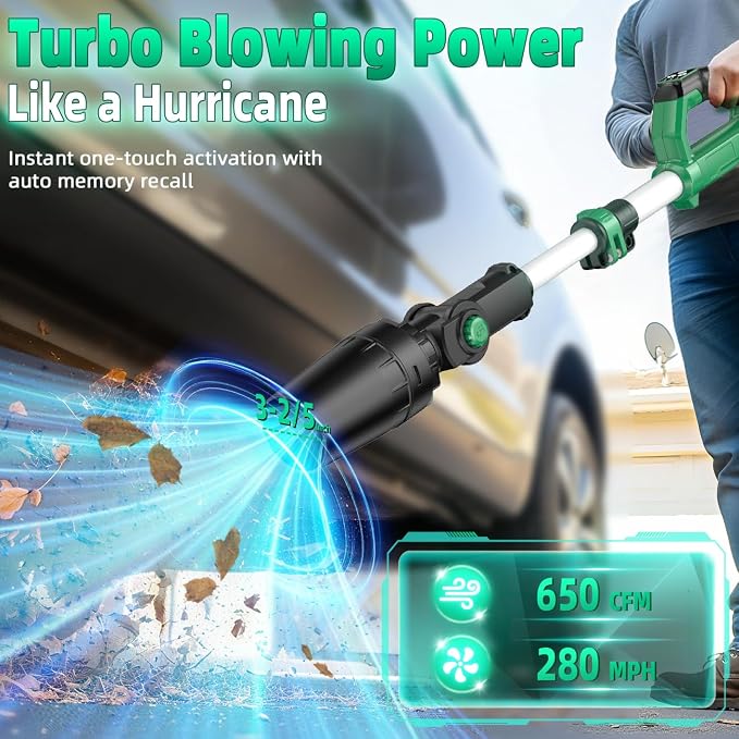 KIMO Cordless Leaf Blower, 310000RPM Brushless Motor, 37 Inch Adjustable Pole, 650CFM 280MPH, No 20V Battery-Bare Tools