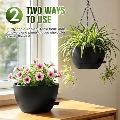 12 Inch Large Self Watering Hanging Planters 2 Pack with Saucers | Set of 2 12-inch self-watering hanging planters with extra soil capacity, side-fill ports, chain hangers & snap-on saucers