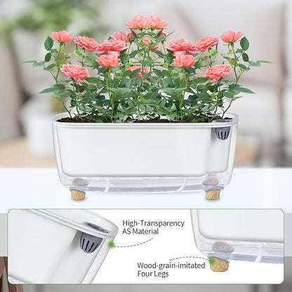 Oliz Self-Watering Planter with Coco Coir, Clear Modern Rectangular Pot | 11.8 * 4.6 inch, Decorative Flower Pot for Indoor Plants, Windowsill Plant Pot with Drainage Holes, African Violets Pots
