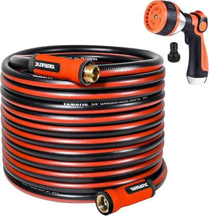 YAMATIC 75FT Garden Hose 5/8in I.D. with 10 Function Water Hose Nozzle | 3/4" Solid Brass Connections, 360° Swivel Handle for Leakproof, Adjustable Spray Nozzle with Thumb Control for Backyard Lawn