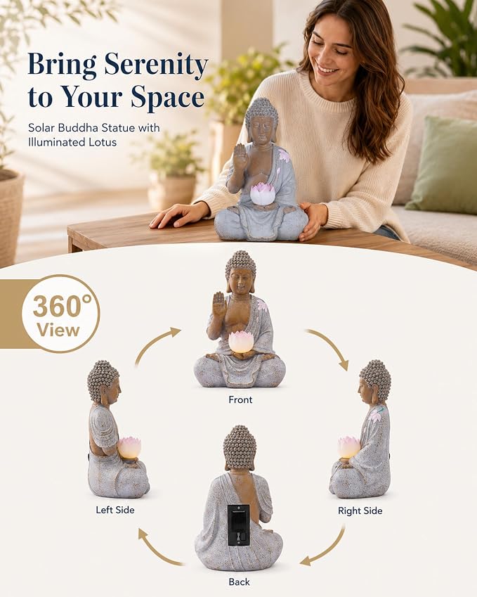 Nacome Solar Buddha Garden Statue Decor: Sitting Resin Figurine with Lotus Flower Light Zen Sculpture for Patio Lawn Yard Porch Balcony Meditation Space - 10.6 inches(White)