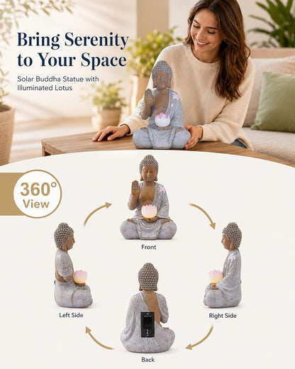 Nacome Solar Buddha Garden Statue Decor: Sitting Resin Figurine with Lotus Flower Light Zen Sculpture for Patio Lawn Yard Porch Balcony Meditation Space - 10.6 inches(White)