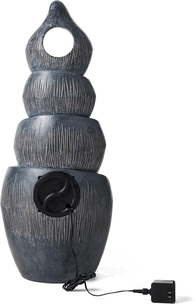 Glitzhome Outdoor Fountain with Lights & Pump, 34" H 4-Tiered Cascading Zen-Style Water Fountain Outdoor, Alms Bowl Polyresin Waterfall Water Feature for Garden, Patio, Yard, Deck Decor