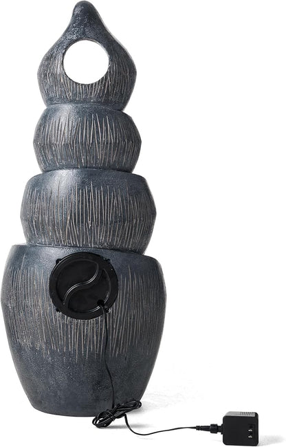 Glitzhome Outdoor Fountain with Lights & Pump, 34" H 4-Tiered Cascading Zen-Style Water Fountain Outdoor, Alms Bowl Polyresin Waterfall Water Feature for Garden, Patio, Yard, Deck Decor