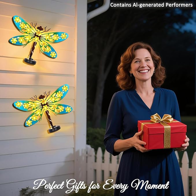 2 Pack Metal Dragonfly Outdoor Wall Decor with 30 Led Solar Lights- 13.9" Outdoor Fence Wall Art Decor, Gift for Mom Grandma Women Birthday Gardening,Hanging Decoration for Garden Patio Porch Yard