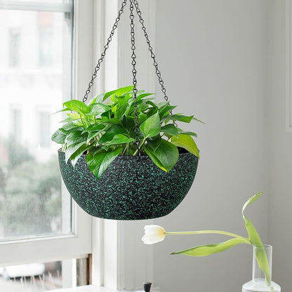 WSMKSZ 13inch Large Hanging Planters Pots for Outdoor Indoor Plants with Drainage Holes and Chain, 2pack Round Hanging Flower Pots for Garden Home Porch Decor, Black with Green Speckles