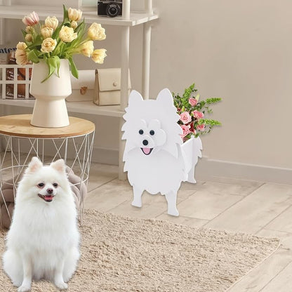 White Pomeranian Dog Planter Pots, 9.45 x 6.65 x 12.13 Inches | Dog Flower Pot, Cute Animal Shaped Plant Pot, Gifts for Women & Pet Lovers, Indoor Outdoor Garden Home Office Decor
