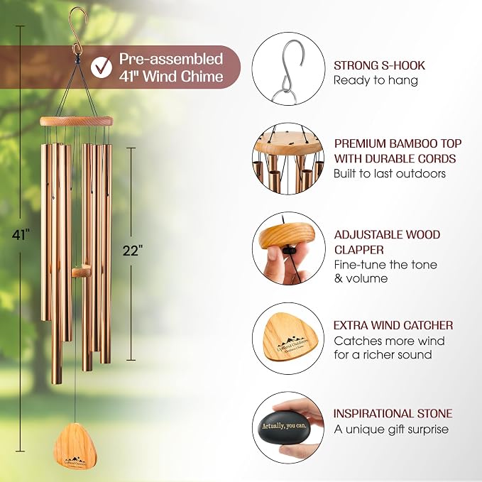 Bronze Wind Chimes for Outside Deep Tone, 41 Inch Hand Tuned B Major Pentatonic Alto Wind Chime with Decorative Kindness Stone, Outdoor Garden Patio Porch Decor, Meaningful Sympathy Memorial Gift