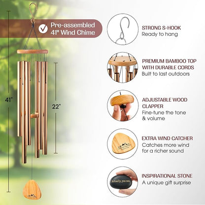 Bronze Wind Chimes for Outside Deep Tone, 41 Inch Hand Tuned B Major Pentatonic Alto Wind Chime with Decorative Kindness Stone, Outdoor Garden Patio Porch Decor, Meaningful Sympathy Memorial Gift