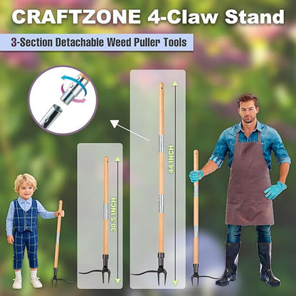 Weed Puller Stand Up Weed Puller Tool with Wooden Long Handle Foot Platform Design 4-Claw Steel Head & Removable 3-Section Pole Garden Tools-Easily Remove Weeds Without Bending or Kneeling