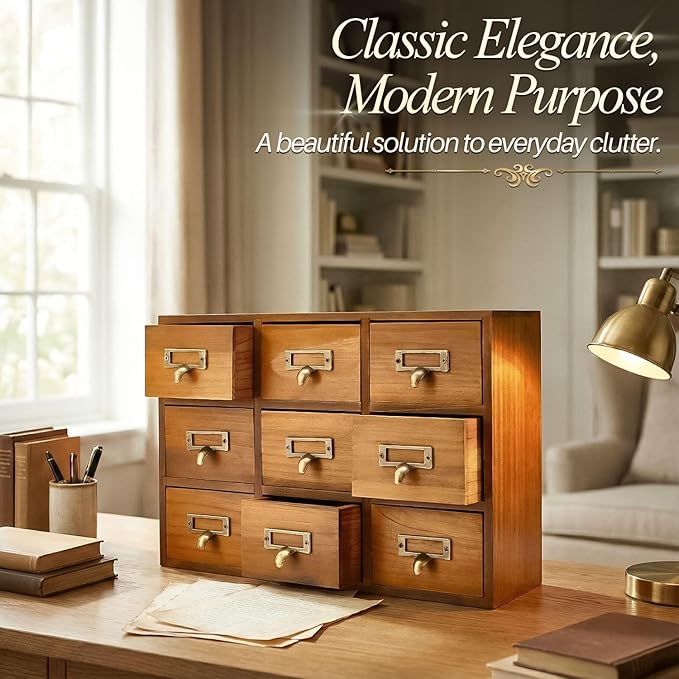 Flexzion Apothecary Cabinet with Drawers - 9 Vintage Drawers, Card Catalog Cabinet, Brown Wooden Tabletop Desktop Organizer for Home Office, Jewelry, Makeup, Tools & Small Item Storage