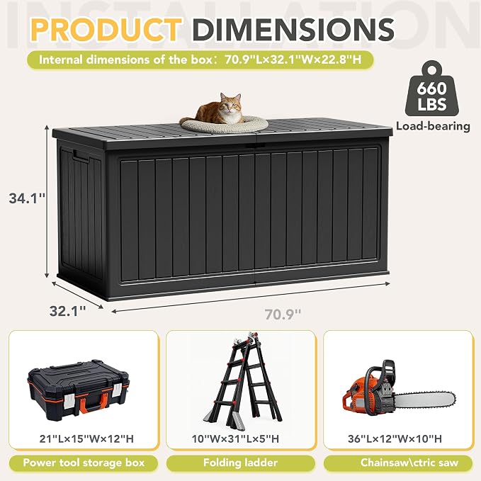 270 Gallon HDPE Deck Box Outdoor Indoor Waterproof Storage Box for Patio Furniture, Pool Accessories, Garden Tools, and Cushion Storage, Black