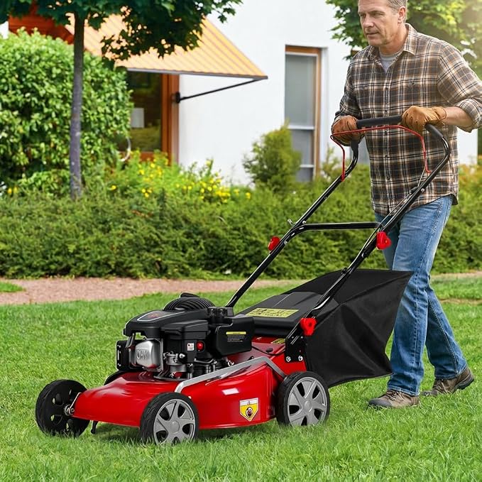 Lawn Mower Gas Powered, Gas Mower with 50l Grass Bag Big Wheels, 131cc Gas Engine 3 in 1 Mulching, Bagging & Side Discharge Self Propelled Walk-Behind Push Mower for Hills 2850RPM (Red)
