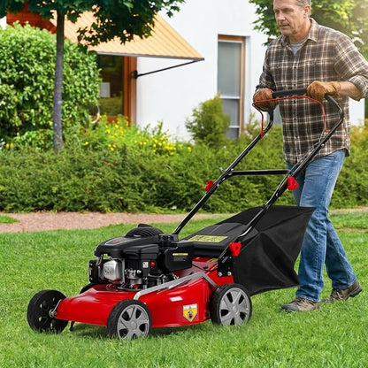Lawn Mower Gas Powered, Gas Mower with 50l Grass Bag Big Wheels, 131cc Gas Engine 3 in 1 Mulching, Bagging & Side Discharge Self Propelled Walk-Behind Push Mower for Hills 2850RPM (Red)