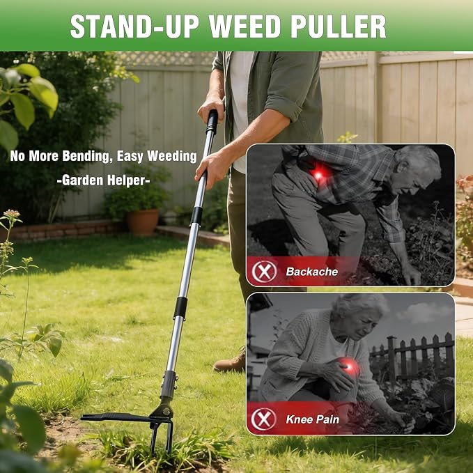 Weed Puller Tool, Heavy Duty Stand Up Weeder Tool with Long Stainless Steel Handle & 4-Claw Steel Head, Weeding Tool with Adjustable Handle, Easily Remove Weeds Without Bending, Pulling or Kneeling