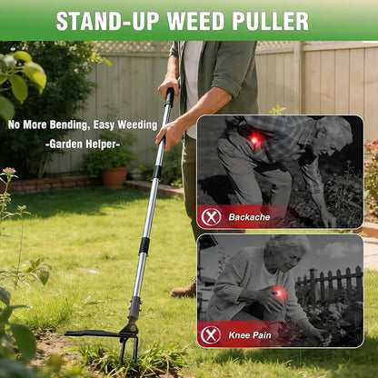 Weed Puller Tool, Heavy Duty Stand Up Weeder Tool with Long Stainless Steel Handle & 4-Claw Steel Head, Weeding Tool with Adjustable Handle, Easily Remove Weeds Without Bending, Pulling or Kneeling