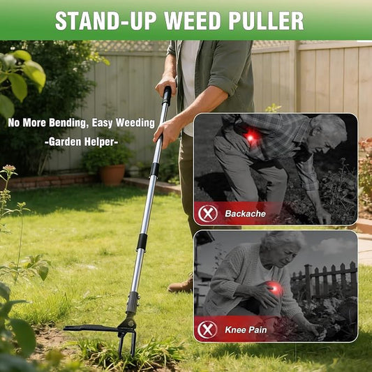 Weed Puller Tool, Heavy Duty Stand Up Weeder Tool with Long Stainless Steel Handle & 4-Claw Steel Head, Weeding Tool with Adjustable Handle, Easily Remove Weeds Without Bending, Pulling or Kneeling