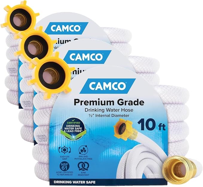Camco TastePURE 10-Ft Water Hose-RV Drinking Water Hose Contains No Lead,No BPA&-No Phthalate-Features Diamond-Hatch Reinforced PVC Design-1/2” Inside Diameter,Made in the USA (22743),(Pack of 3)