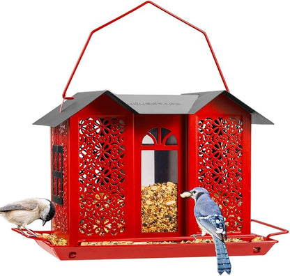 HouseSapp Bird Feeders for Outdoors, Metal Mesh Wild Bird Feeder with Triple Feeders for Finch Cardinal Chickadee, Large Capacity, Weatherproof and Durable, Red