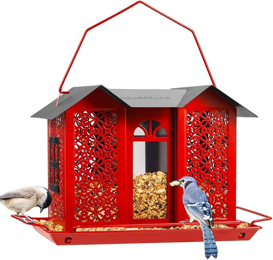 HouseSapp Bird Feeders for Outdoors, Metal Mesh Wild Bird Feeder with Triple Feeders for Finch Cardinal Chickadee, Large Capacity, Weatherproof and Durable, Red