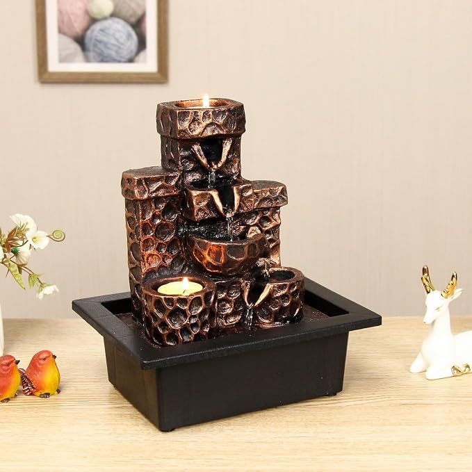 Water Fountain Indoor Moon Themed Tabletop Water Fountain with Candles Holes for Home Decor Meditation (Moon)
