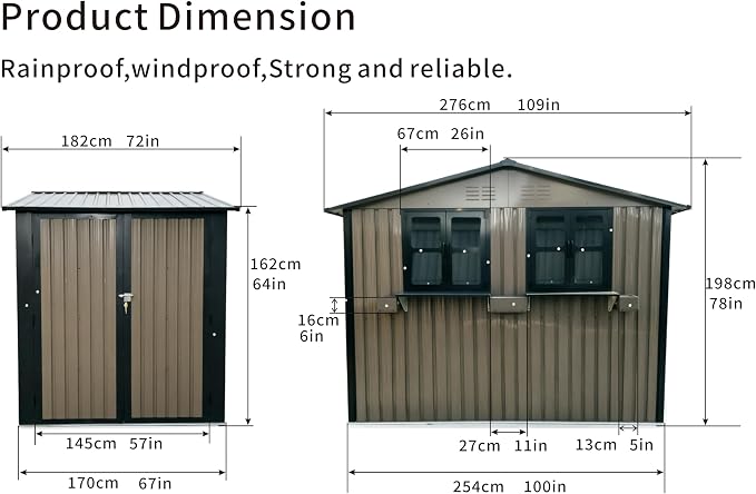 6x9 FT Outdoor Storage Shed with 2 Clear Openable Windows,Waterproof Metal Building Backyard Shed w/Windowsill & Garden Bed Flower Rack,Lockable Double Doors Tool Shed,for Yard,Brown