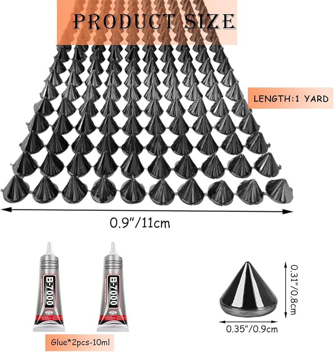 1 Yard Spike for Crafts Stude for Clothing, Black Spike Stud with Glue, Cone Flatback Plastic Trim Mesh for Holloween Party Decoration Costume DIY Crafts