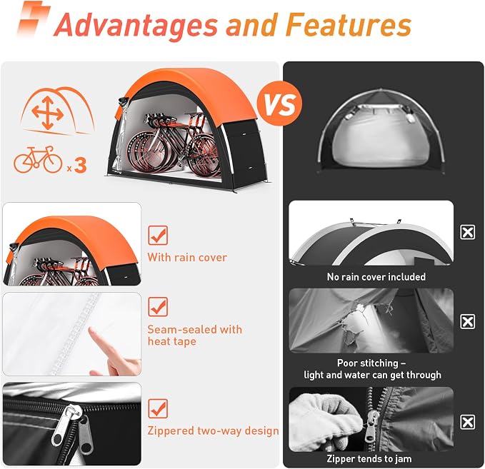 Upgraded Bike Tent with Rain Cover, Portable Outdoor Storage Shed for 2-3 Bikes, 210D Oxford Fabric PU4000 Waterproof, Bike Shed/Bike Cover for Motorcycles, Garden Tools, Lawn Mower
