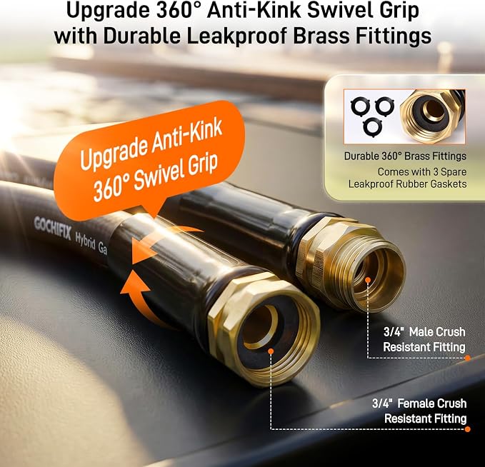 Garden Hose 100ft 5/8 Inch Heavy Duty All-Weather Flexible with Anti-Kink Swivel Connectors 550 PSI Leakproof Brass Fittings and 10-Mode Spray Nozzle