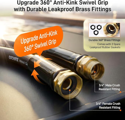Garden Hose, 25ft 5/8" Heavy Duty Rubber Water Hose, 550 PSI Burst, 360° Anti-Kink Swivel Connectors, All-Weather Flexible, Leakproof 3/4" Brass Male to Female Fittings