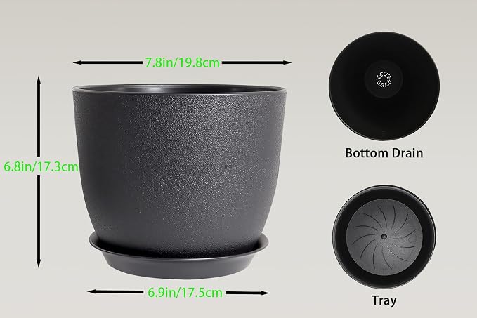 8 Inch Plant Pots Set of 2, Plastic Planters with Drainage Holes and Tray, Flower Pots for Indoor Outdoor Plants and Flowers (Black)