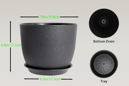 8 Inch Plant Pots Set of 4, Plastic Planters with Drainage Holes and Tray, Flower Pots for Indoor Outdoor Plants and Flowers (Black)