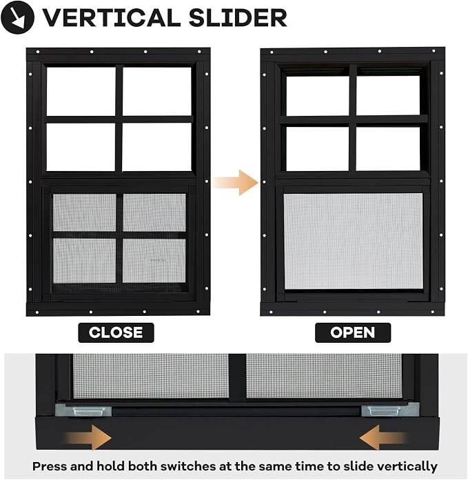 Shed Windows 2 Pack, Chicken Coop Windows 24" x 27" Black | Flush Mounted Small Windows with Tempered Glass and Fiberglass Screen for Shed, Barns, Playhouse, Household, Garage