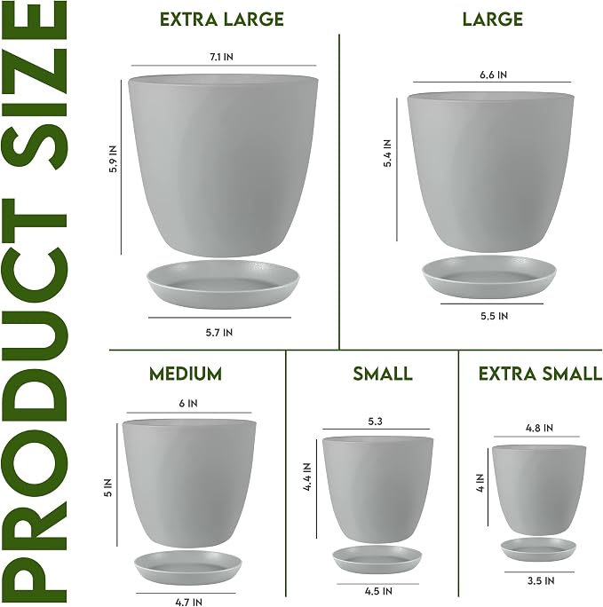 Utopia Home - Plant Pots Indoor with Drainage - 7/6.6/6/5.3/4.8 Inches Flower Pots for Indoor Planter - 5 Pack Plastic Planters - Ideal for Stocking Stuffers or Home Christmas Decorations - Gray