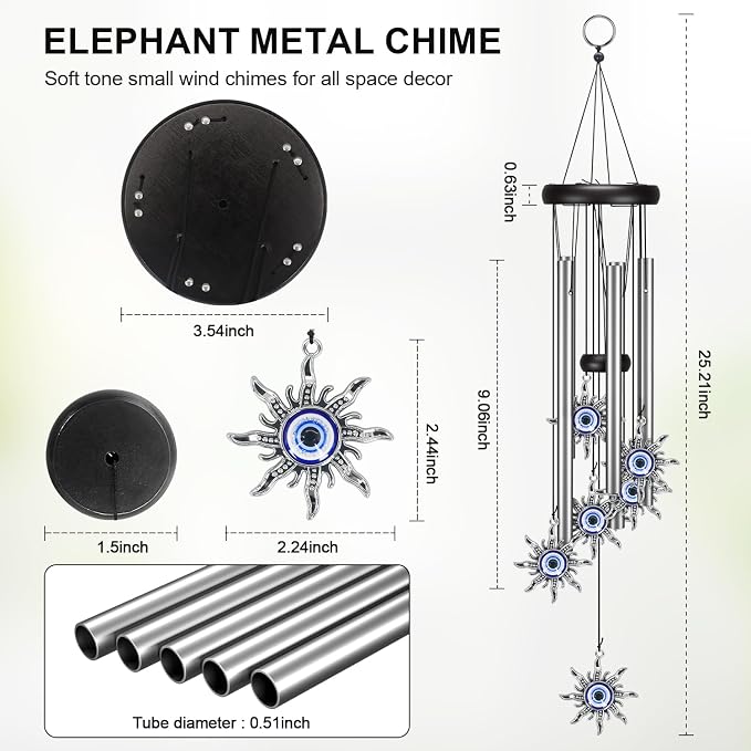 Virekm Windchimes Outdoors,Wind Chimes for Outside Clearance, Wind Chime with Natural Sounds, Outdoor/Indoor Decorations for Patio, Porch, Backyard and Garden Decor (Sun Evil Eyes)