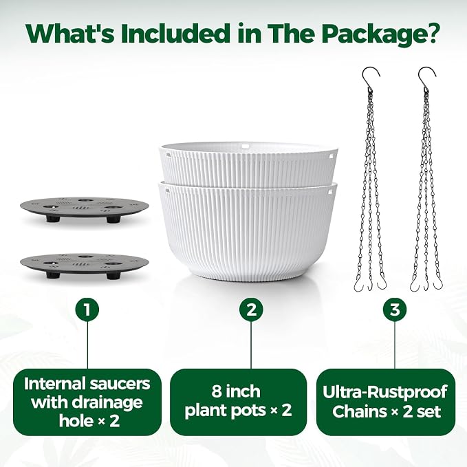 T4U Hanging Planter Self Watering 8 Inch, 2 Pack White Indoor Hanging Plant pots, Hanging Flower Pot with Drainage Hole & Plug & Chain with 3 Hooks for Garden Home Decor